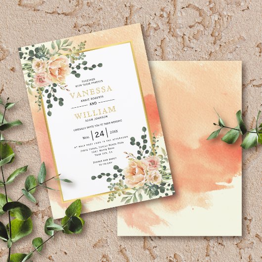 Invitation Corail pêche aquarelle fleurs mariage floral
