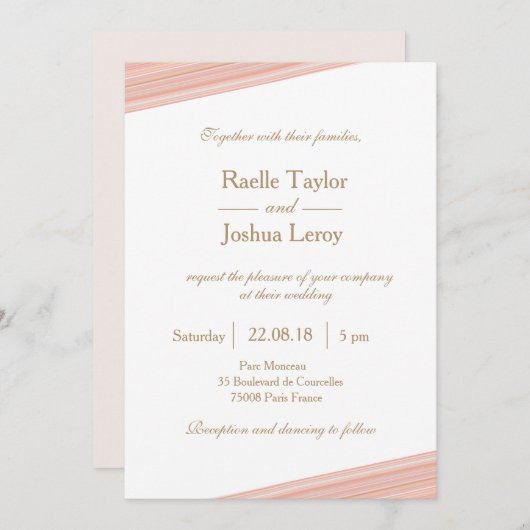 Invitation Corail pêche or blanc subtile rayures mariage (Devant / Derrière)