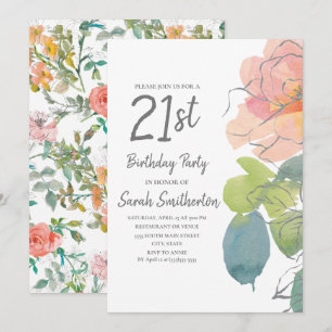 Invitation Corail Rose Bohème Fleur Aquarelle 21e Anniversair