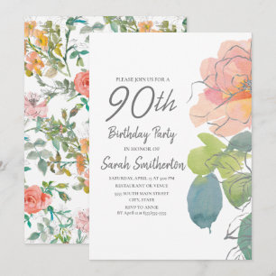 Invitation Corail Rose Bohème Fleur Aquarelle 90e Anniversair