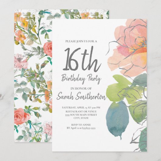 Invitation Corail rose Boho Aquarelle Floral Sweet 16 (Devant / Derrière)