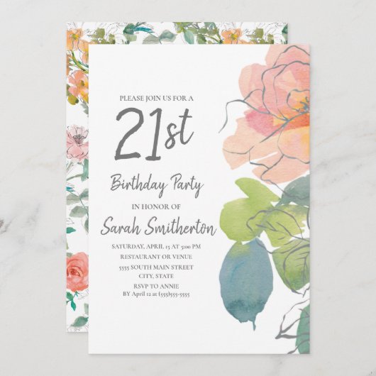 Invitation Corail rose Boho Aquarelle Florale 21e anniversair (Devant / Derrière)
