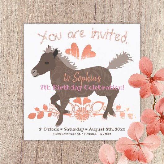 Invitation Corail, rose, Brown Pony Anniversaire Fête Invitat