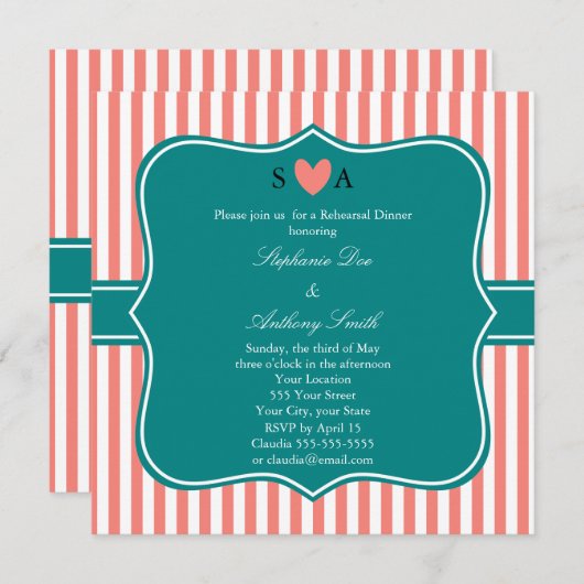 Invitation Corail rose et blanc rayures avec Turquoise (Devant / Derrière)