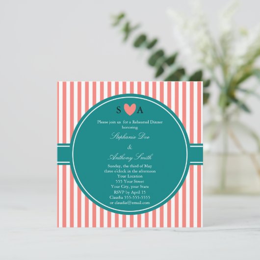 Invitation Corail rose et blanc rayures avec Turquoise (Debout devant)