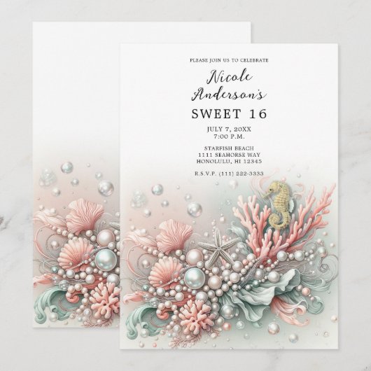 Invitation Corail rose et perles sous l'océan Douce 16ème ann (Devant / Derrière)