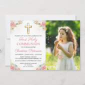 Invitation Corail rose Floral Première Sainte Communion Photo (Devant)