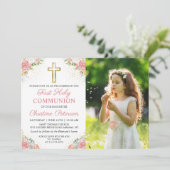 Invitation Corail rose Floral Première Sainte Communion Photo (Debout devant)