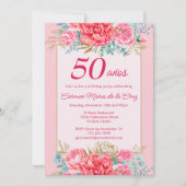 Invitation Corail rose Florals espagnol 50e anniversaire (Devant)