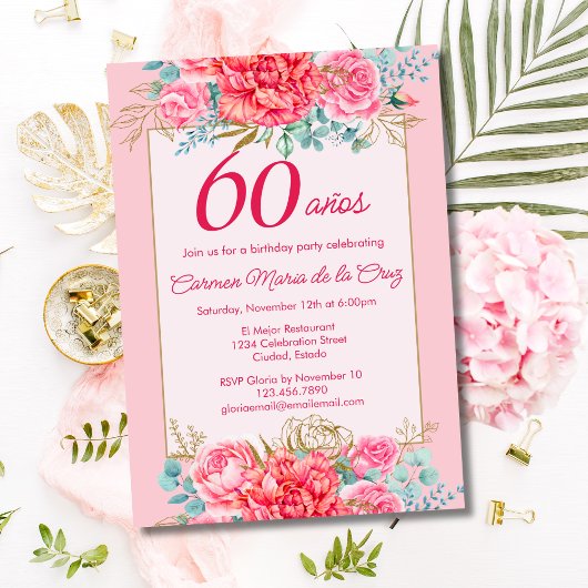 Invitation Corail rose Florals Espagnol 60e fête d'anniversai