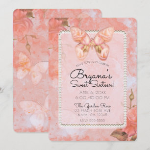 Invitation Corail Rose Papillon Vintage Douce Fête des 16 Ans