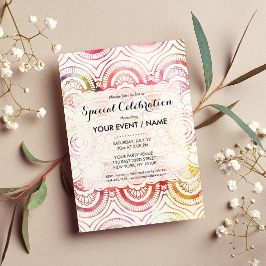 Invitation Corail rose vif moderne aquarelle mandala floral