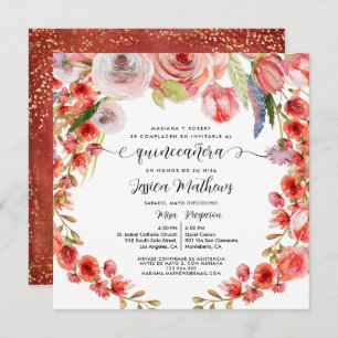 Invitation Corail rouge espagnol Floral et Parties scintillan