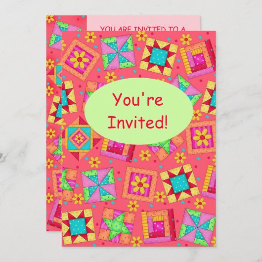 Invitation Corail rouge Green Patchwork Quilt Block Art (Devant / Derrière)