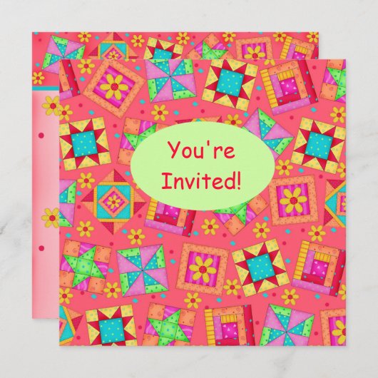 Invitation Corail rouge Green Patchwork Quilt Block Art (Devant / Derrière)