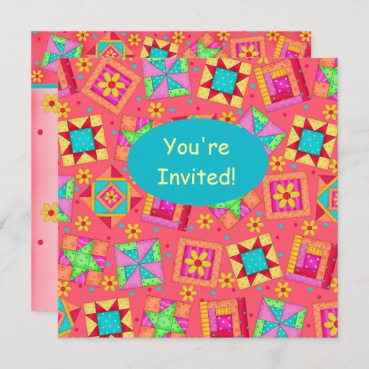 Invitation Corail rouge Turquoise Patchwork Quilt Block Art (Devant / Derrière)