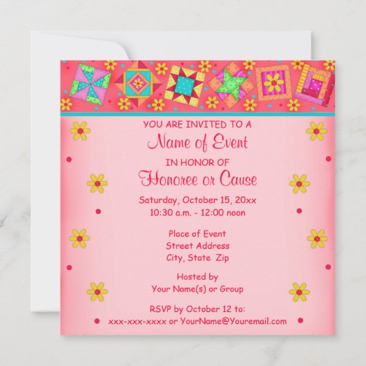 Invitation Corail rouge Turquoise Patchwork Quilt Block Art (Dos)