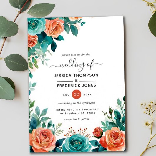 Invitation Corail rustique Floral Tropical Turquoise Mariage