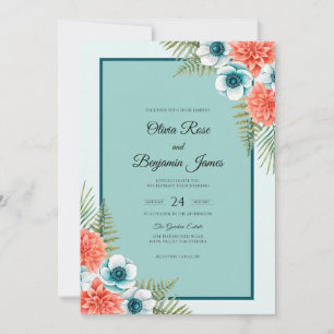 Invitation Corail sarcelle Tropical Mariage eucalyptus doux