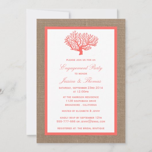 Invitation Corail Sur Burlap Boho Beach (Devant)