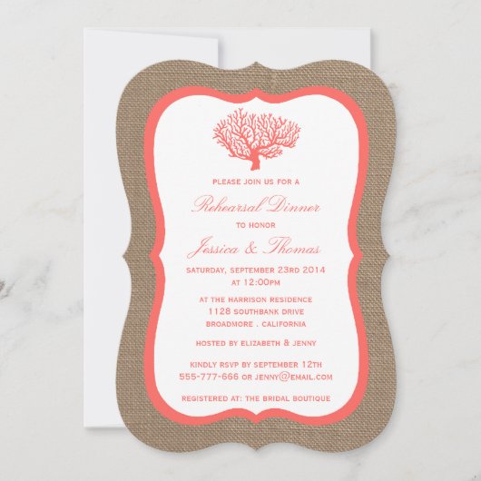 Invitation Corail Sur Burlap Boho Beach Dîner De Répétition (Devant)
