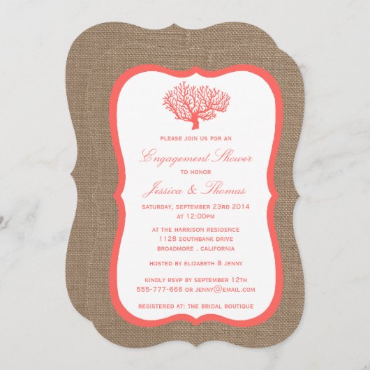 Invitation Corail Sur Burlap Boho Beach Fiançailles (Devant / Derrière)