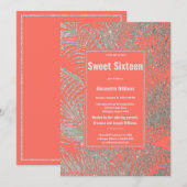 Invitation Corail tropical argent parties scintillant floral  (Devant / Derrière)