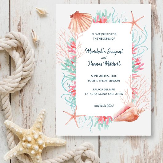 Invitation Corail tropical | Coquillages de plage aquarelle