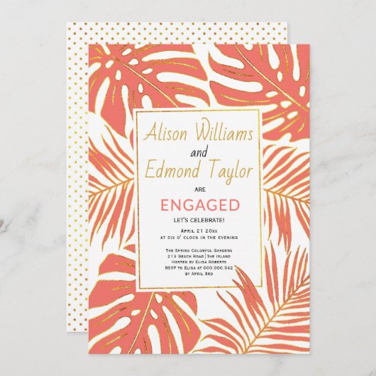 Invitation Corail tropical, fiançailles feuilles d'or (Devant / Derrière)