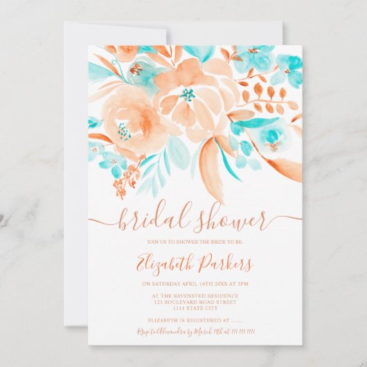 Invitation corail tropical orange turquoise fleuri nuptiale (Devant)