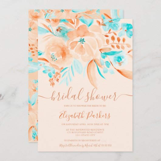 Invitation corail tropical orange turquoise fleuri nuptiale (Devant / Derrière)