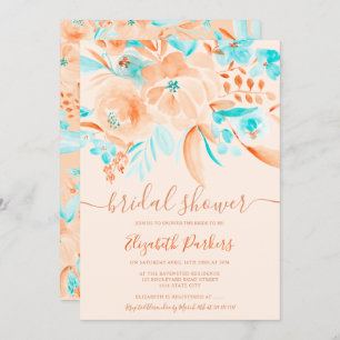 Invitation corail tropical orange turquoise fleuri nuptiale