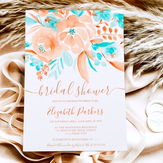 Invitation corail tropical orange turquoise fleuri nuptiale