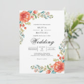 Invitation Corail Turquoise fleuron Mariage (Debout devant)