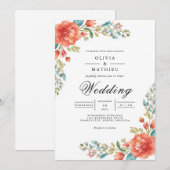 Invitation Corail Turquoise fleuron Mariage (Devant / Derrière)