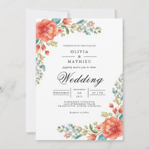 Invitation Corail Turquoise fleuron Mariage