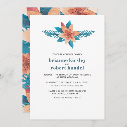 Invitation Corail Turquoise Floral Aquarelle Mariage Inviter (Devant / Derrière)