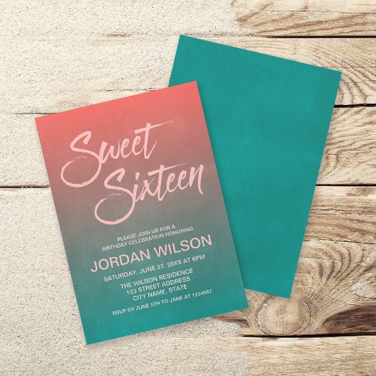 Invitation Corail & Turquoise Gradient Sweet 16 Anniversaire 
