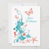 Invitation Corail, Turquoise, Mariage de destination blanche (Devant)