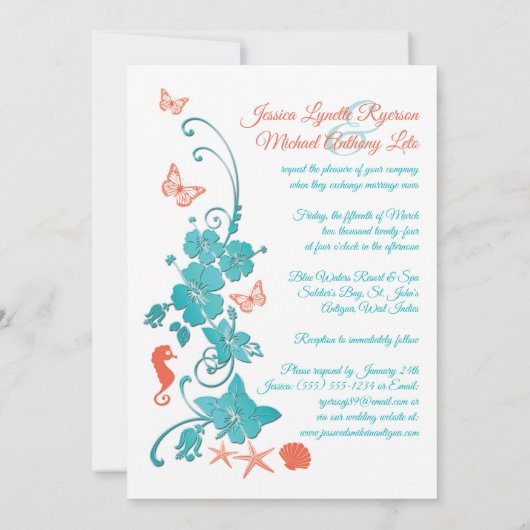 Invitation Corail, Turquoise, Mariage de destination blanche (Dos)