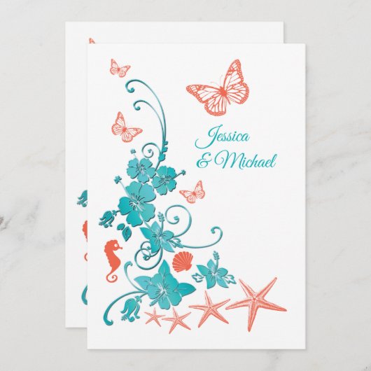 Invitation Corail, Turquoise, Mariage de destination blanche (Devant / Derrière)