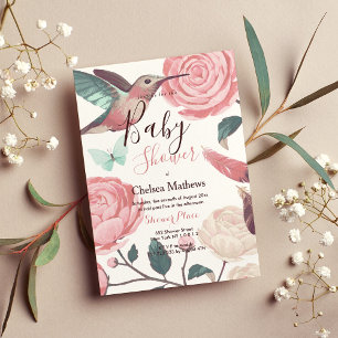 Invitation Corail turquoise rose colibri Baby shower floral
