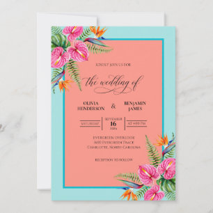 Invitation Corail Turquoise Tropical Gris Eucalyptus Mariage