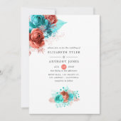 Invitation Corail vivant et Mariage floral turquoise (Devant)