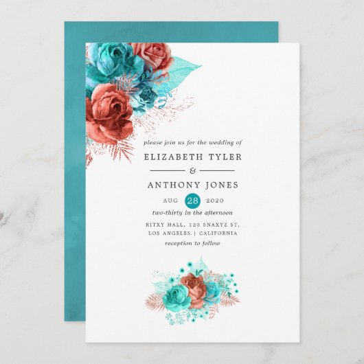 Invitation Corail vivant et Mariage floral turquoise (Devant / Derrière)