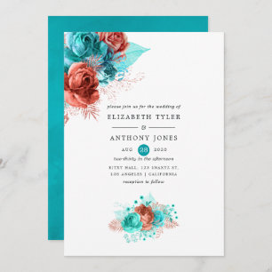 Invitation Corail vivant et Mariage floral turquoise