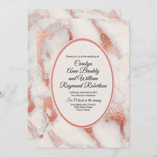 Invitation Corail vivant et Rose marbré Mariage d'or (Devant / Derrière)