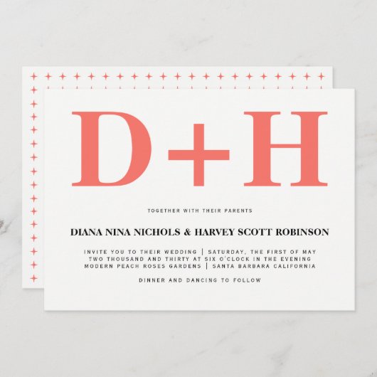 Invitation Corail vivant initiales typographie audacieuse mar (Devant / Derrière)