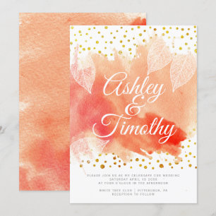 Invitation Coral aquarelle or confetti calligraphie mariage