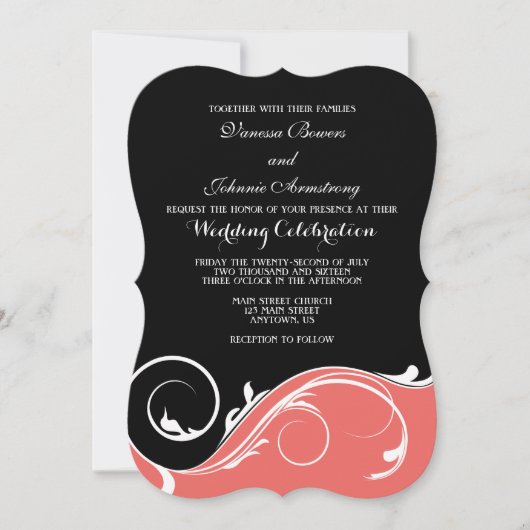 Invitation Coral Black Swirl Bracket Wedding Invite (Devant)